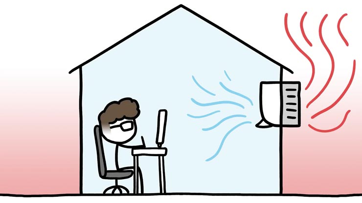 An illustration of a person sitting at a desk with a computer and an air conditioning unit in a house.