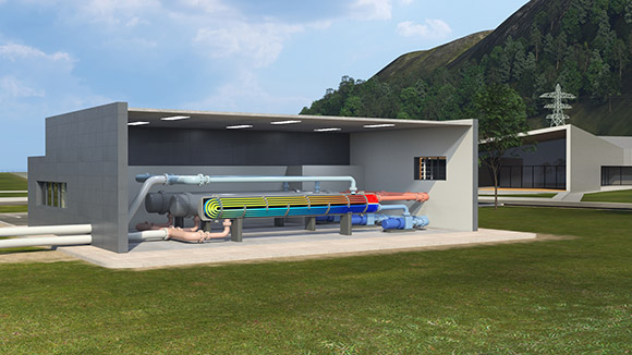 An illustration of a rectangular facility split in half to show the inner workings of the technology, including networks of pipes.