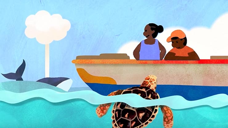 Illustration of two people on a fishing boat with a whale spouting water from its blowhole and a turtle breaching the surface