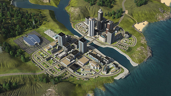 Illustration looking down on a city with a river running through it