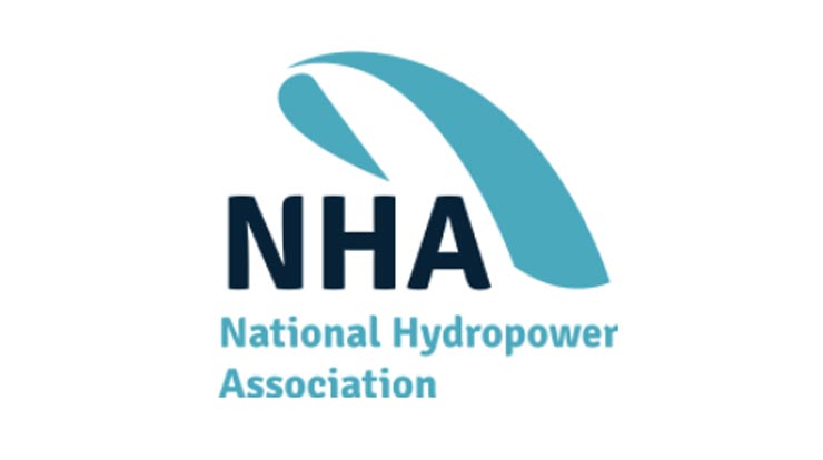 A logo with black and turquoise blue text and a large wave-like design