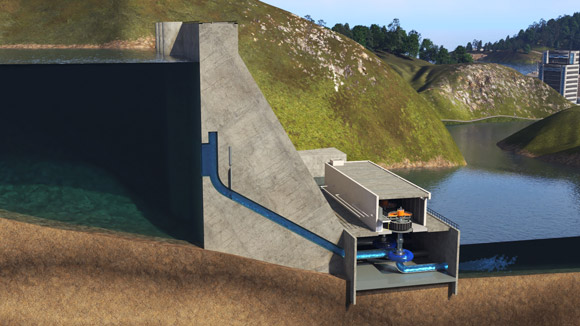 Illustration of a dam, split down the middle to show the inner workings of the dam