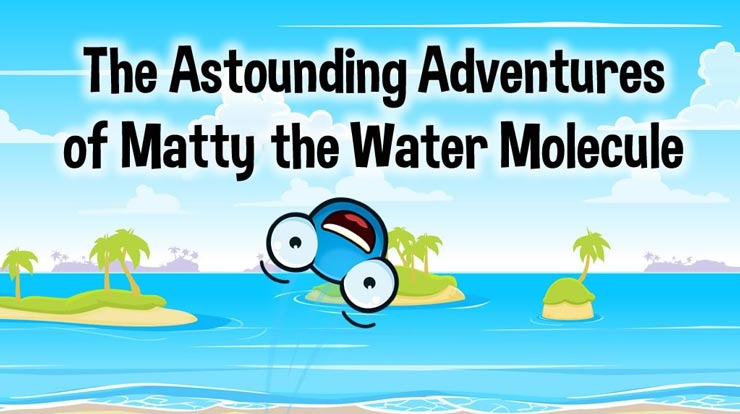 Illustration of islands in a body of water with an overlay of black text and a cartoon of a blue head with big eyes