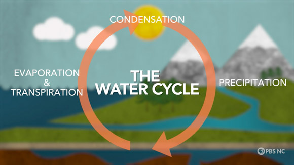 Illustration of a water cycle with trees, a lake, and a river, with an overlay of an unclosed circle with an arrow and white text 
