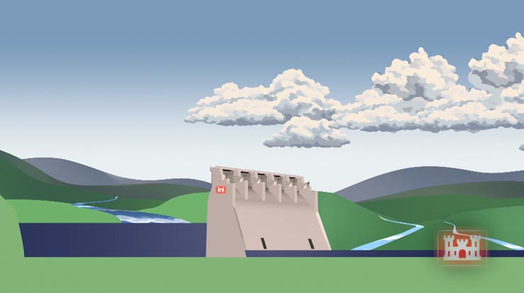 Illustration of a tall gray dam between two bodies of water, with mountains and clouds in background 