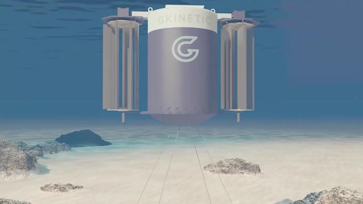 An illustration of a hydrokinetic turbine underwater with branding that reads Kinetic.