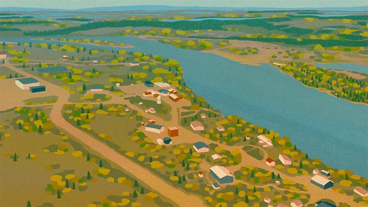 An illustration of a coastal community with houses and roads.