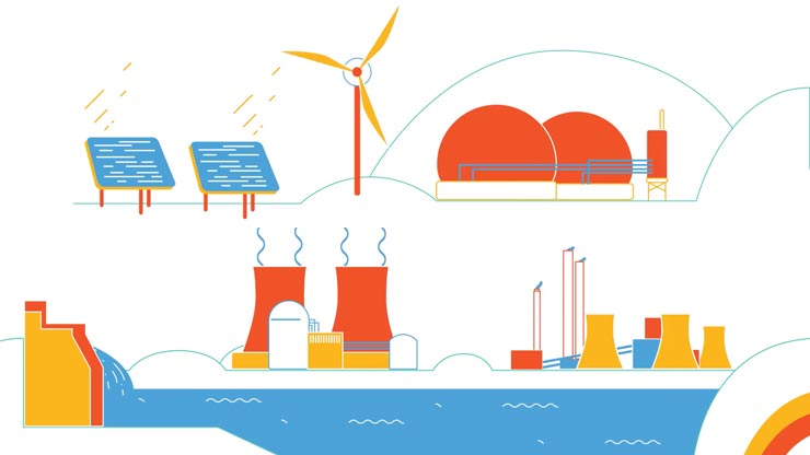 Illustration of varying lines and designs in yellow, red, and blue with a background split horizontally in white and blue and white text