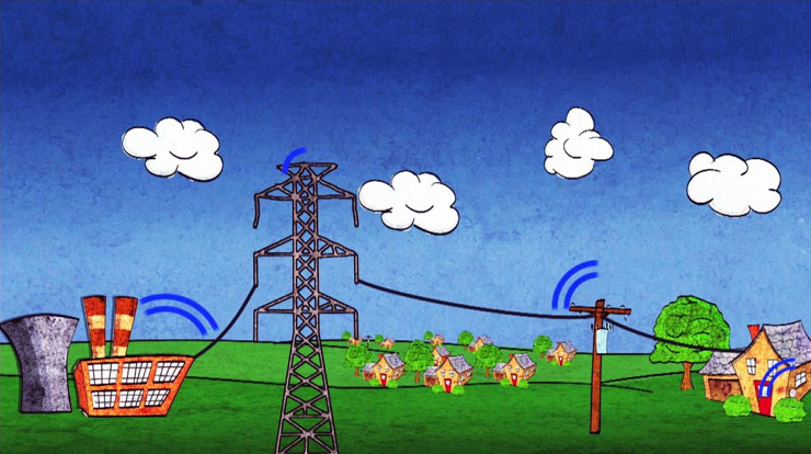 Illustration of a power plant, power lines, and a house with a blue sky, white clouds, and green grass