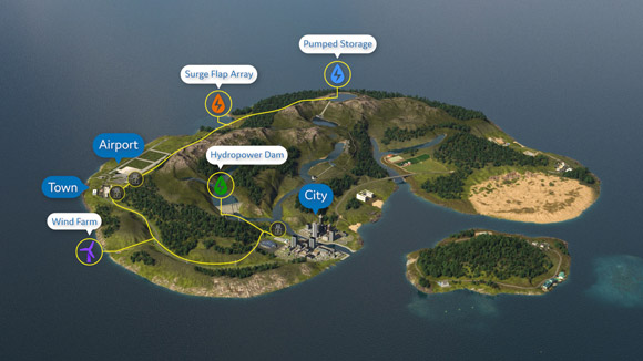 Illustration of a power station, power lines, transformer, and homes colored red, blue, white, and yellow with a white backdrop