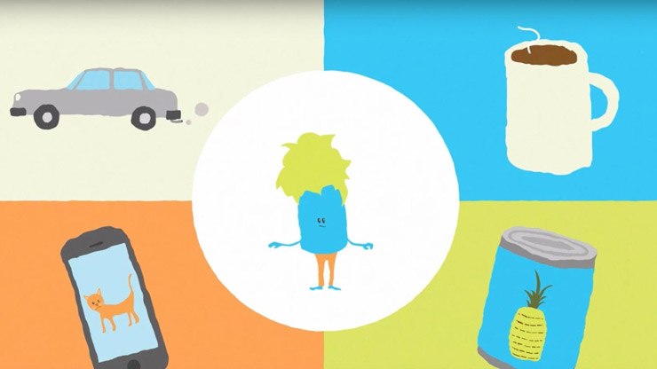 Illustration of a little blue cartoon person, with a car, cup of coffee, phone with an image of a cat, and a can with a pineapple on the front