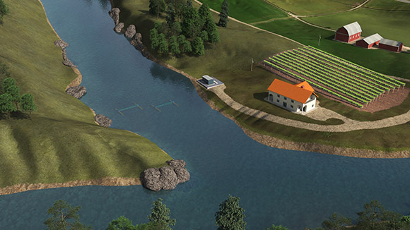 Illustration of a farm and crops next to a river