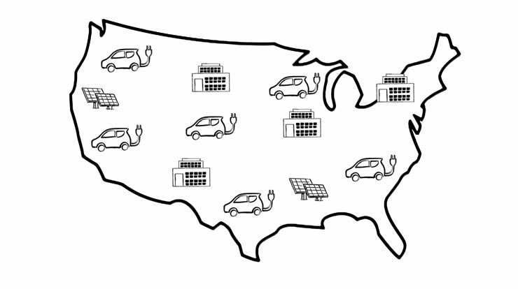 Illustration of a black and white outline of the continental United States with smatterings of electric vehicles, solar panels, and power plants
