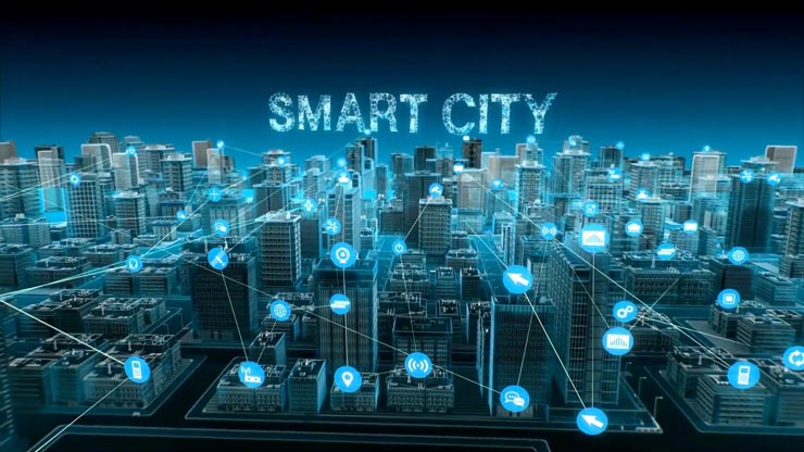 A cityscape with a train track running through the middle