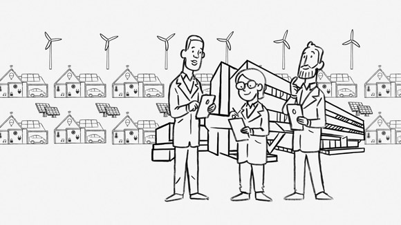 Illustration of people in lab coats in front of a building with a background of houses and turbines in a drawn style