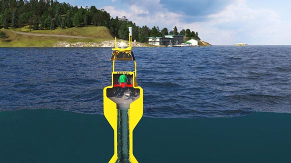 Illustration of a yellow buoy floating in water where the image is split in half to show the inside of the buoy