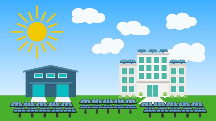 Illustration of a green hill and trees with a sun and clouds along the top