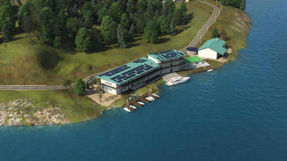 Illustration looking down at a building along a shoreline with solar panels on top and trees in the background