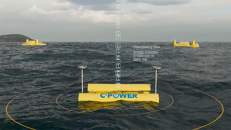 Three yellow marine energy devices floating in the ocean, with white text and graphics overlaying the image.