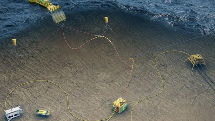 An illustration of various marine energy devices on the ocean floor connected by cables.