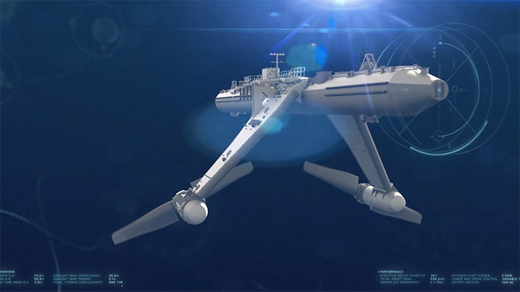A futuristic underwater vessel gliding through ocean waters.