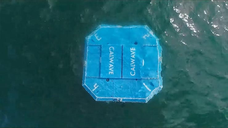 A blue image branded with Calwave sitting barely beneath the ocean surface.
