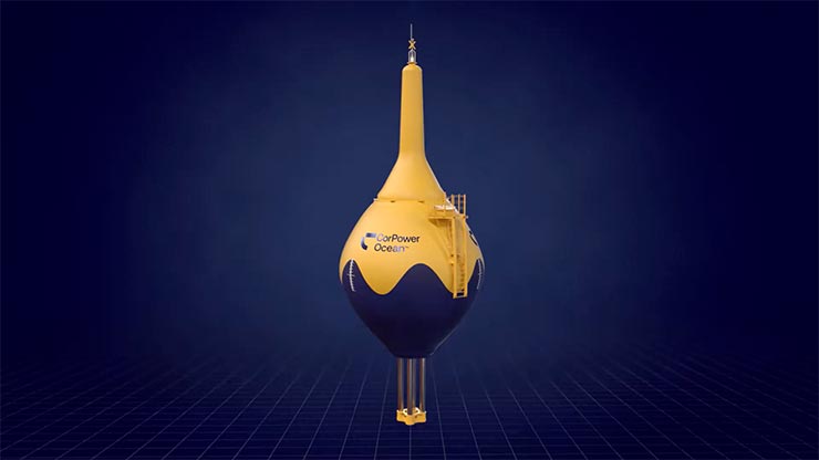 A yellow-and-navy-blue buoy branded with CorPower Ocean.