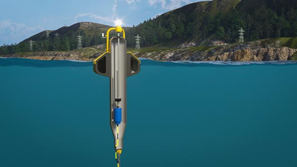 An illustration of a yellow point-absorber buoy split lengthwise to show the inner workings of the device.