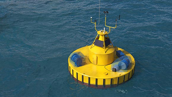 Illustration of a circular yellow buoy with blue blocks on top in the ocean