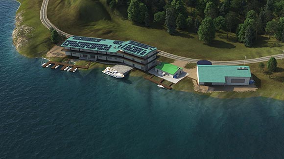 Illustration of a building along a shoreline with solar panels on top and trees in the background