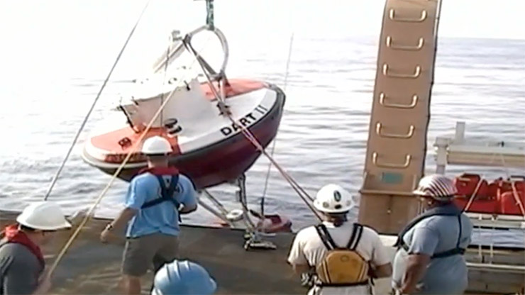 A group of people on a dock with a device on cables being lowered into the ocean and a ladder