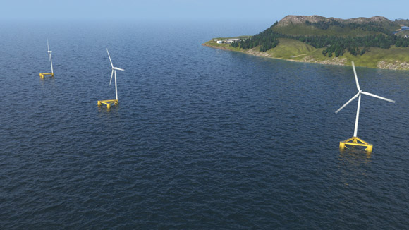Illustration of wind turbines on yellow stands in the ocean with land in the background