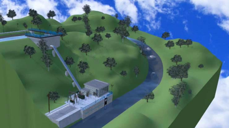 Illustration of a floating green hilly landscape with a reservoir and a pipe going down to a facility, surrounded by a blue sky and clouds
