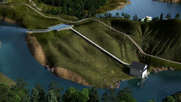 Illustration of a grassy hill surrounded by water with a reservoir and a pipe going down to a small house