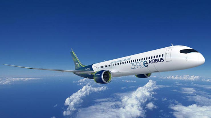A white plane with blue-and-green branding reading ZEROe Airbus flying above clouds and blue skies.