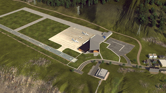 An illustration of an airport with a tarmac, runways, and three planes parked.