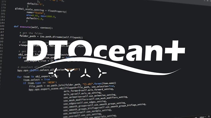 A page of coding, with DTOcean+ in white text overlaying the image.