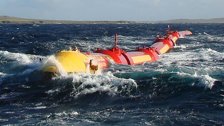 Yellow and red marine energy devices breaching the ocean surface.