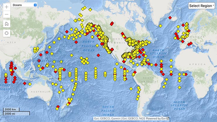 A map of the world, with yellow and red dots indicating the locations of ocean buoys.