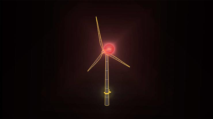 An outline of a wind turbine in yellow and a red beacon with a black backdrop.