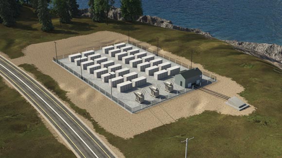 Illustration of a sandy, open space with gray, uniformed buildings connected to power lines between a shoreline and a street