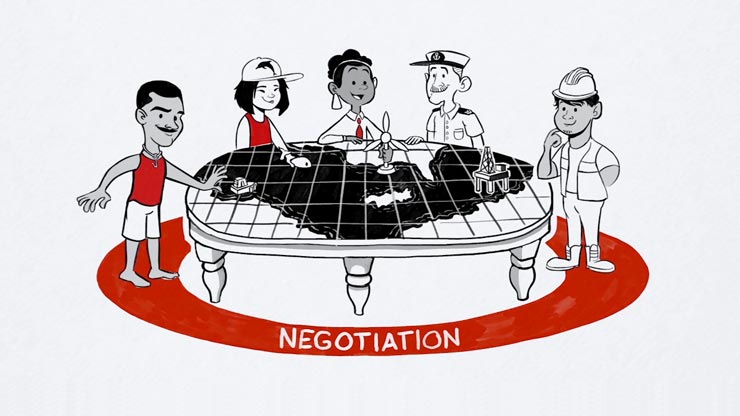 Illustration of a black and white earth with black and red text circling it