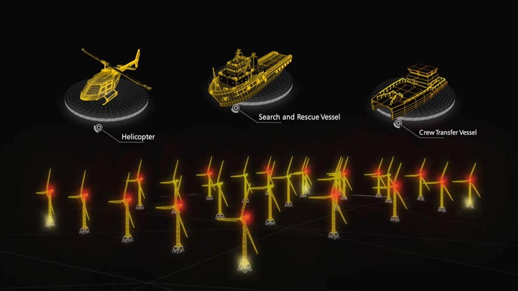 Rows of wind turbines dotting a body of water fade into the background with clouds overhead.