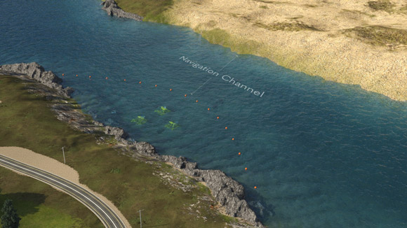 Illustration of a channel with orange buoys lined up on the surface and three yellow structures obscured under water