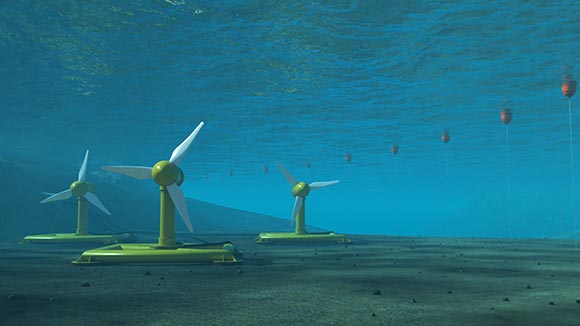 Illustration of three underwater yellow turbines on the seafloor