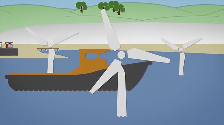 An illustration of three offshore wind turbines, a boat, and land in the background.