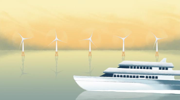 Five offshore wind turbines mounted on orange floating platforms with a white yacht in the foreground.